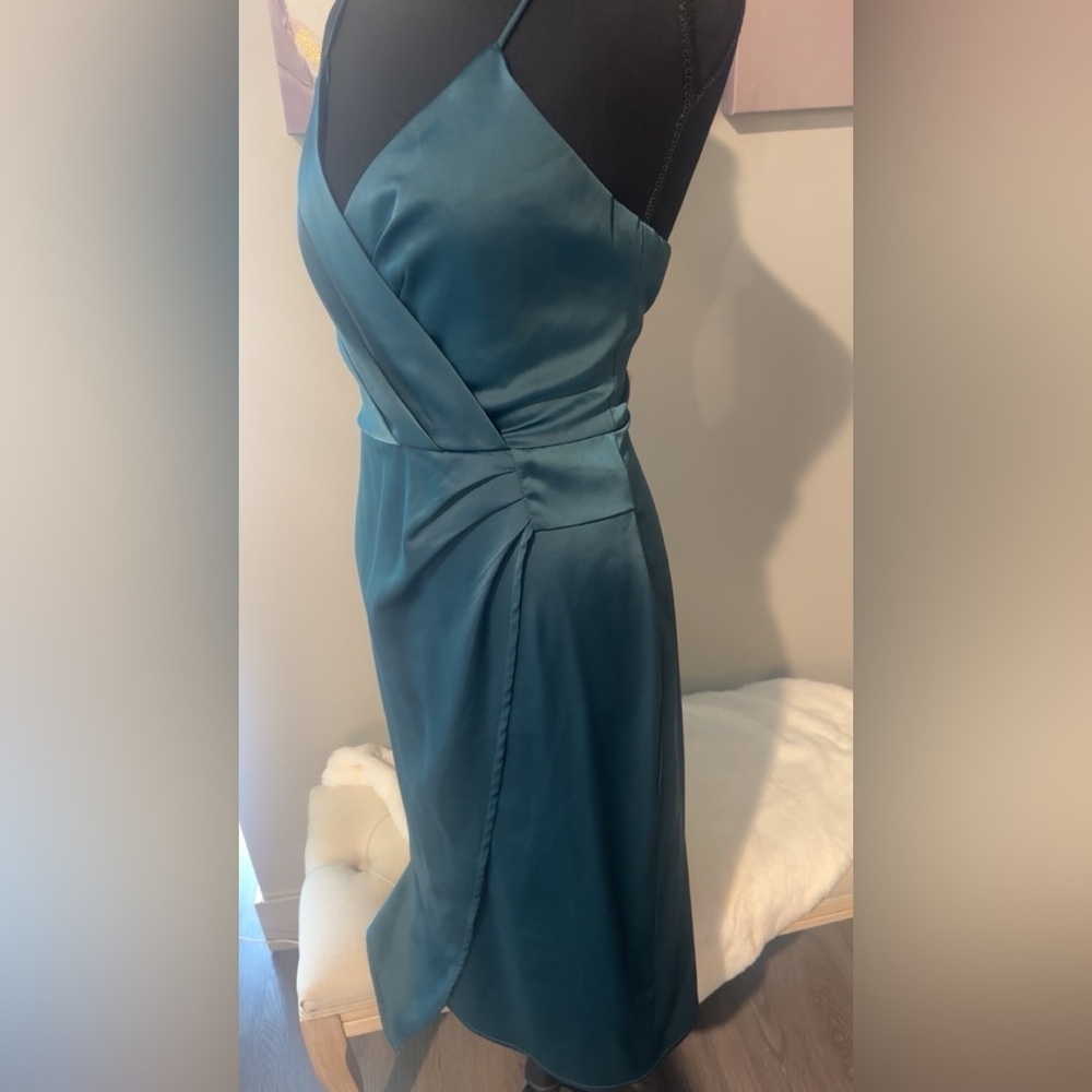 Lulus Teal Wrap Midi Dress Christmas Outfit size Medium - Picture 2 of 4